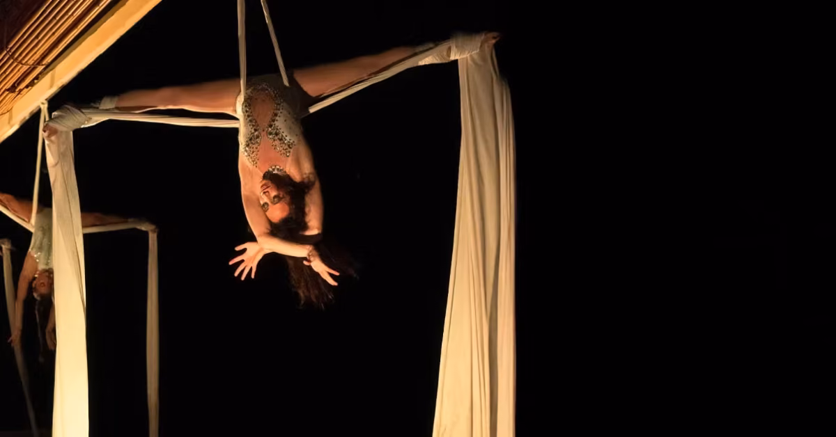 Aerialist in a sparkling costume hangs upside down on white silks, arms outstretched, with another performer partly visible.