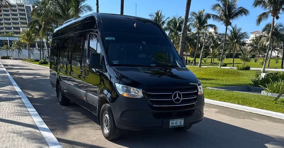A black Mercedes-Benz van sits on a sunny street with palm trees, green lawns, and modern buildings in the background.