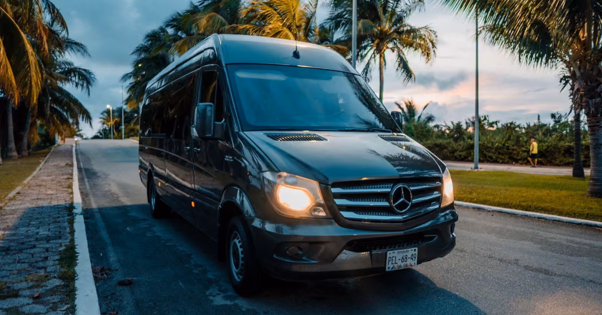 A dark gray Mercedes van with headlights on is parked on a palm-lined road at sunset, grass and trees in the background.