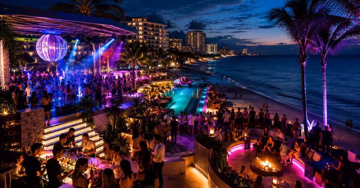 Crowds enjoy a lively beachside nightlife with colorful lights, palm trees, pools, and fire pits beside high-rises at dusk.