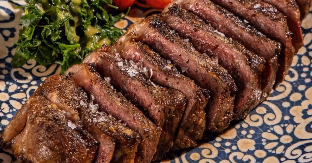 Sliced medium-rare steak with coarse salt, served with leafy greens and cherry tomatoes on a patterned plate.