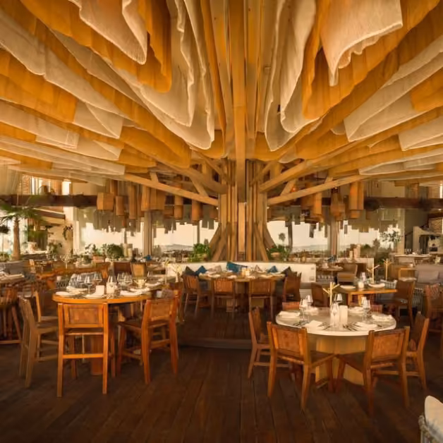 A spacious restaurant with wooden tables, branching wood-and-fabric ceiling, and warm lighting creating a cozy, inviting feel.