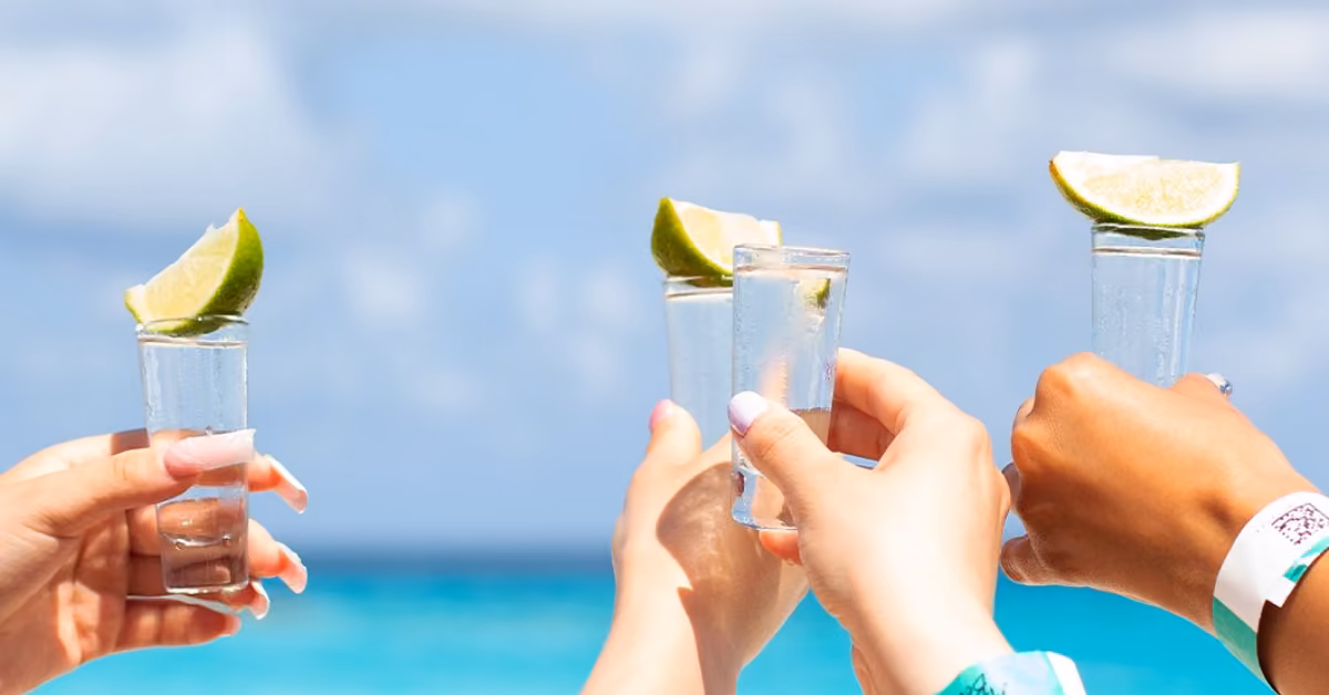 Four hands raise shot glasses with lime wedges in a toast, bright blue ocean and sky in the background at the beach club.