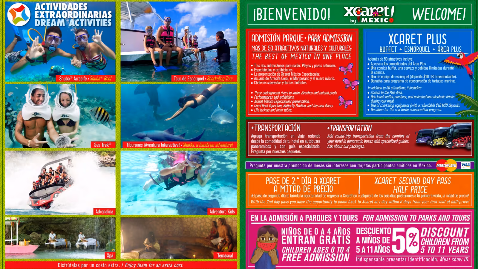 A vibrant Xcaret brochure highlights park adventures like swimming with dolphins, snorkeling, and ziplining, plus visitor info.