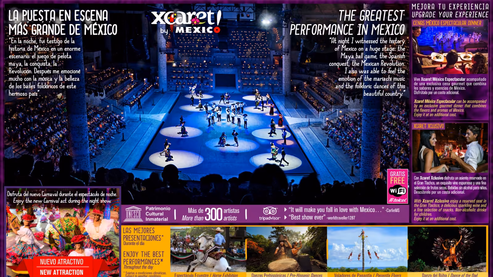 Xcaret performers in vibrant costumes on a blue-lit stage entertain a packed audience; banners highlight ticket upgrades.