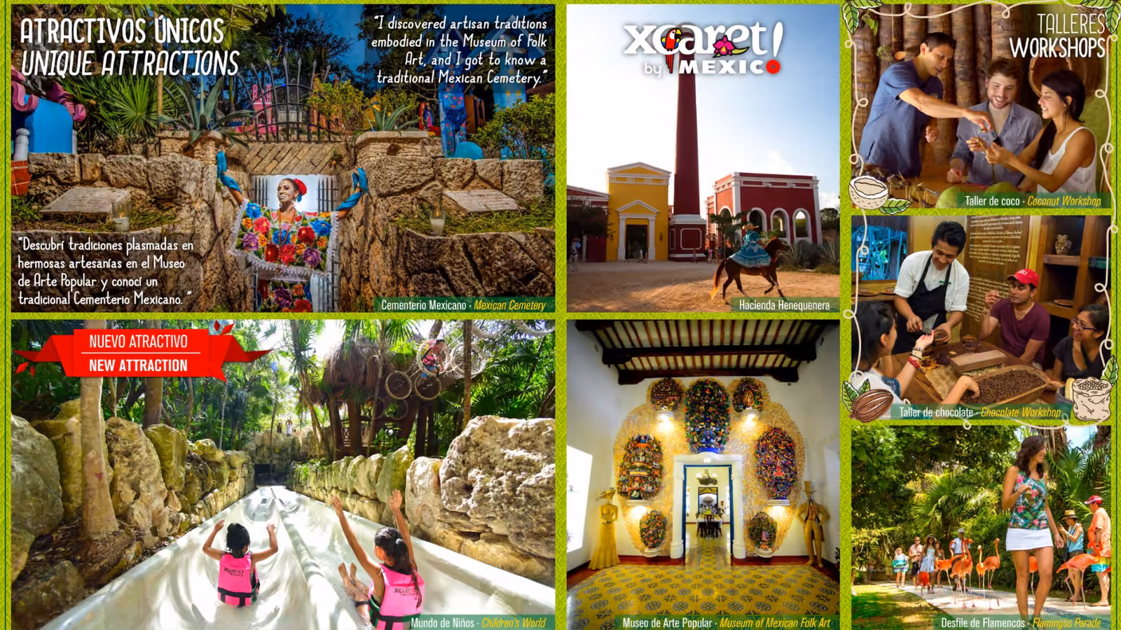 Colorful collage of Xcaret: cemetery, park views, hacienda, workshops, water slide, crafts. Bilingual Spanish-English text shown.