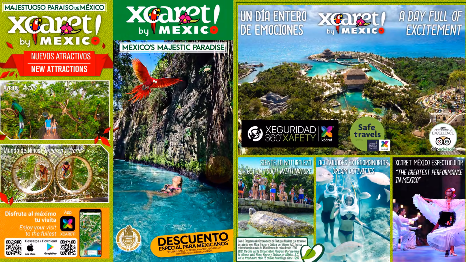 Xcaret flyer with waterfalls, turquoise rivers, tropical birds, aerial beach views, happy tourists, and new attraction info.