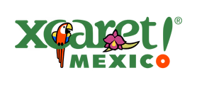 Green “Xcaret Mexico” logo with a parrot on the X, purple flower and green leaves around A and E, and orange O at the end.
