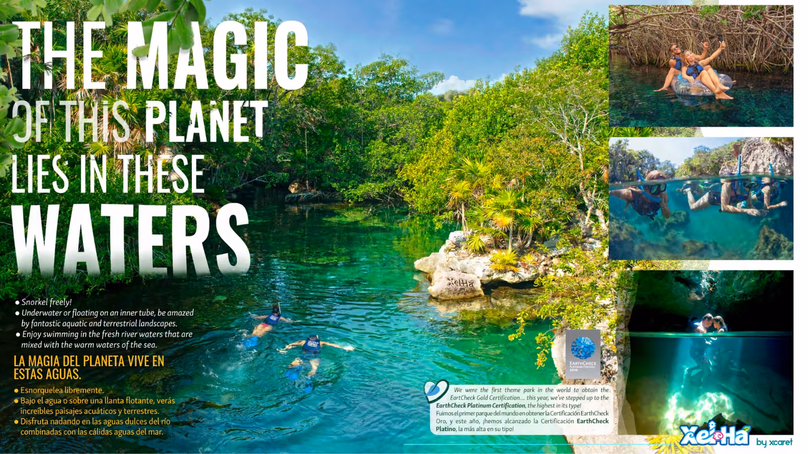 People snorkel and swim in clear turquoise water at Xel-Ha, surrounded by lush greenery and tropical plants, with white text overlay.