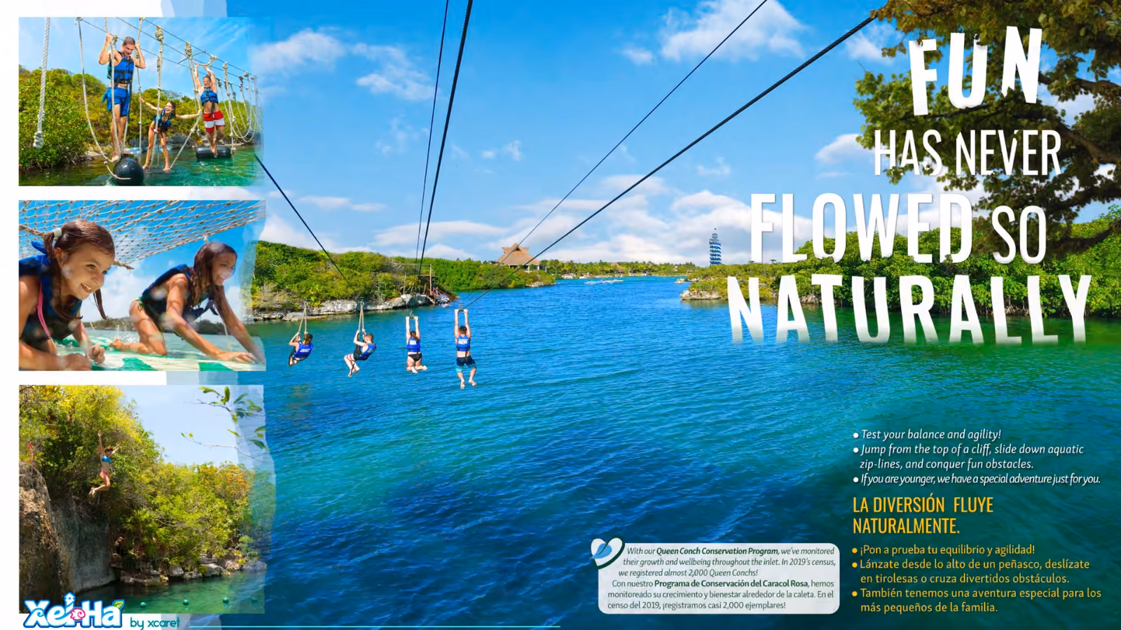 Four people zipline over a bright lagoon with lush greenery. Smaller images show kids playing in water and crossing a rope bridge.