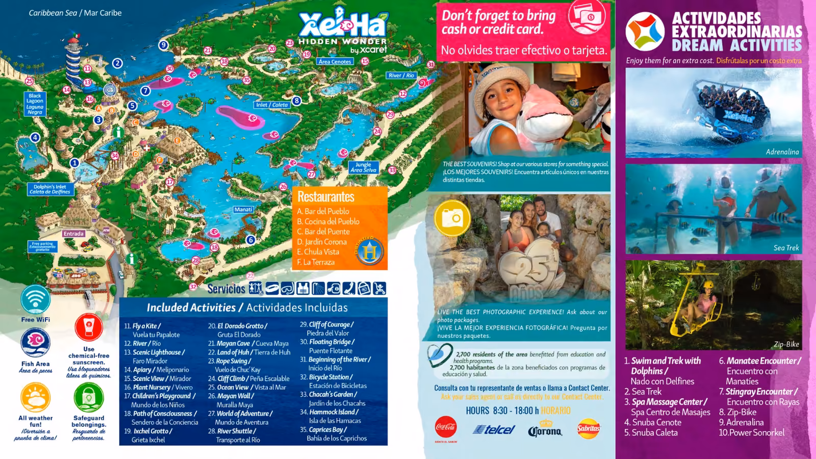 Colorful Xel-Ha park map and brochure in Mexico, showing attractions, dining, activities, extras like dolphin swims, and photos.