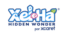 Xel-Ha logo with blue-white letters, lighthouse as “l,” pink seashell in “H,” green leaf above “a.” Text: “HIDDEN WONDER por xcaret.”.