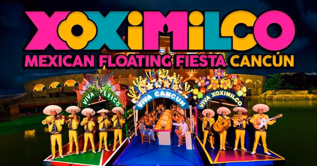 Colorful boats with people dining and a mariachi band performing on a lively, festive canal at night in Cancún.