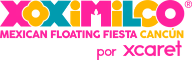 Colorful “Xoximilco Mexican Floating Fiesta Cancún por Xcaret” logo with a flower-shaped O, in pink, aqua, and yellow.