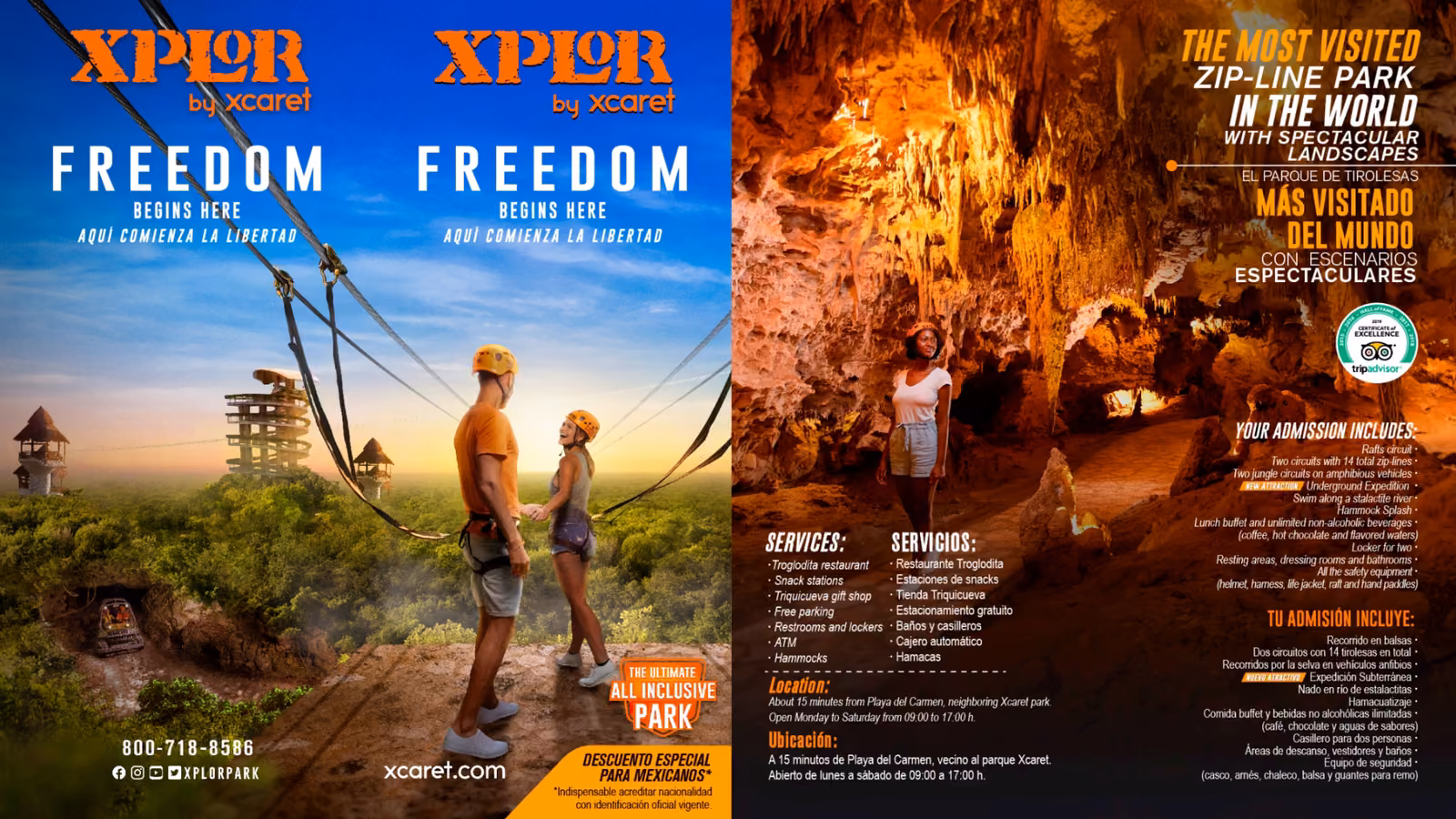 Two people ziplining over a forest; nearby, tourists explore a cave lit by stalactites at Xplor adventure park.