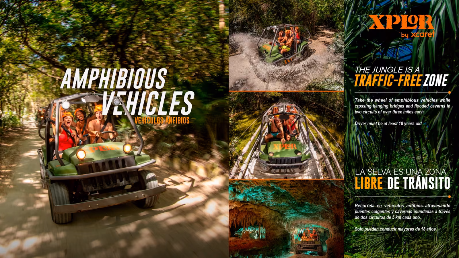 People enjoying Xplor’s amphibious vehicles in jungle, mud, and caves. Text notes it’s an adventurous, adult-only traffic-free zone.