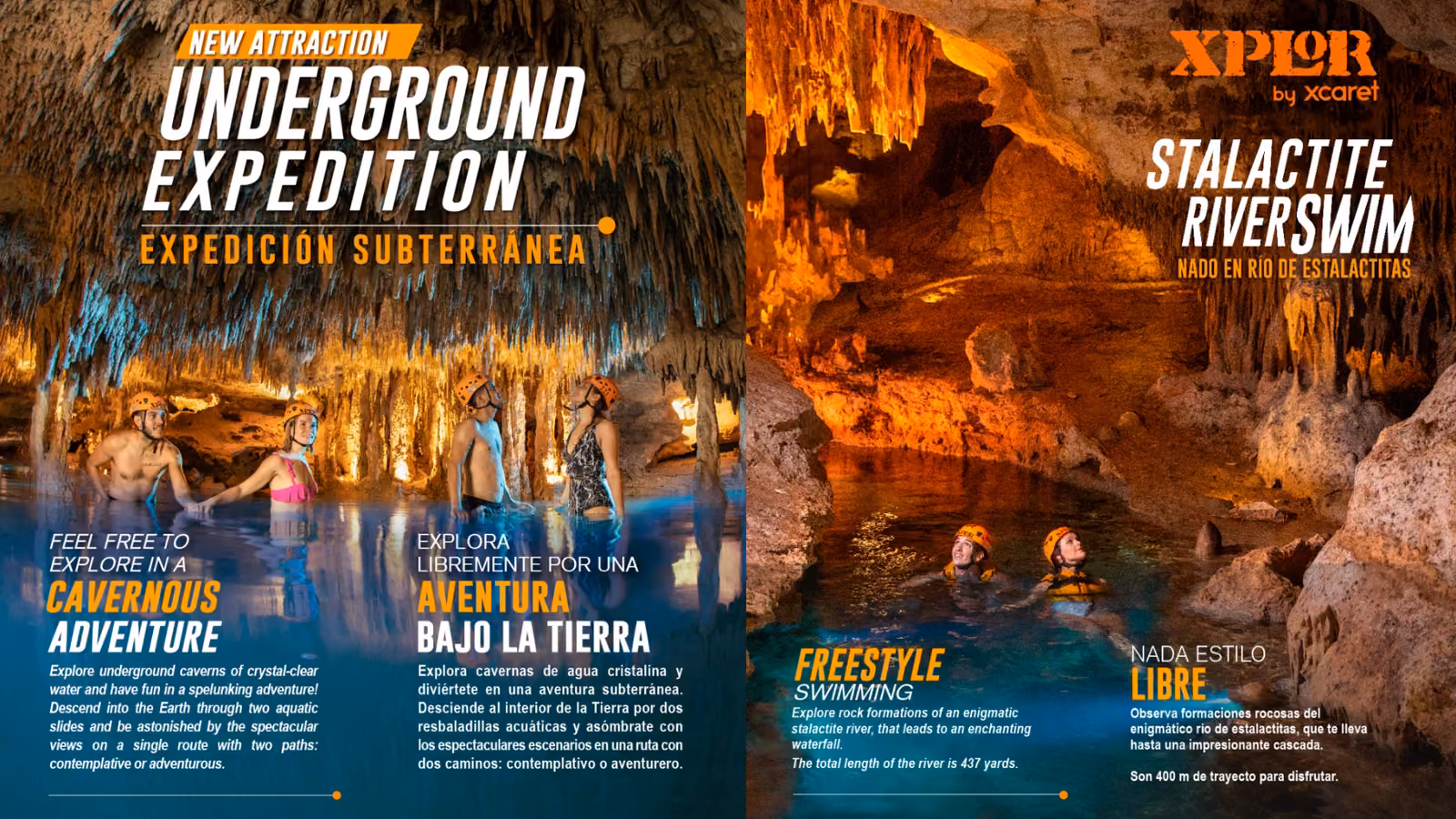 Visitors swim in clear water beneath stalactites at Xplor. Bilingual text promotes cave exploration and river swimming.