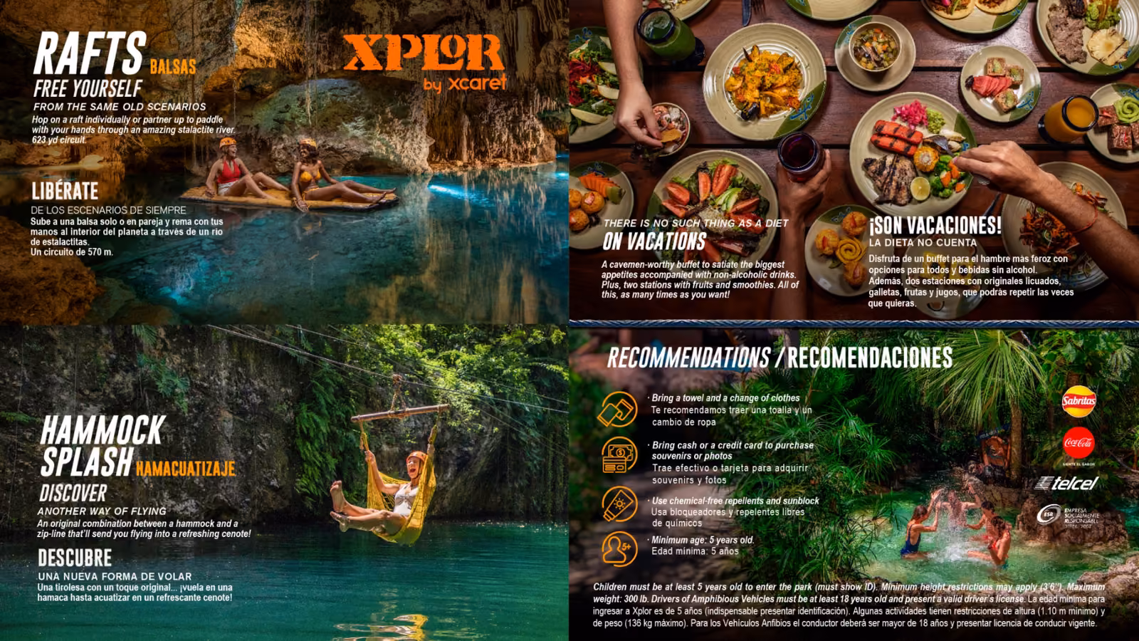 A collage for Xplor by Xcaret shows people rafting in caves, enjoying food, relaxing in hammocks, and doing water activities.