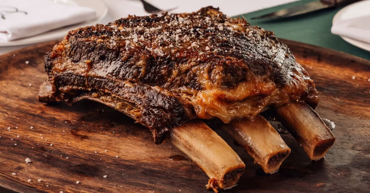 Three grilled beef ribs with a crispy crust on a wooden board, sprinkled with coarse salt; cutlery blurred in the background.