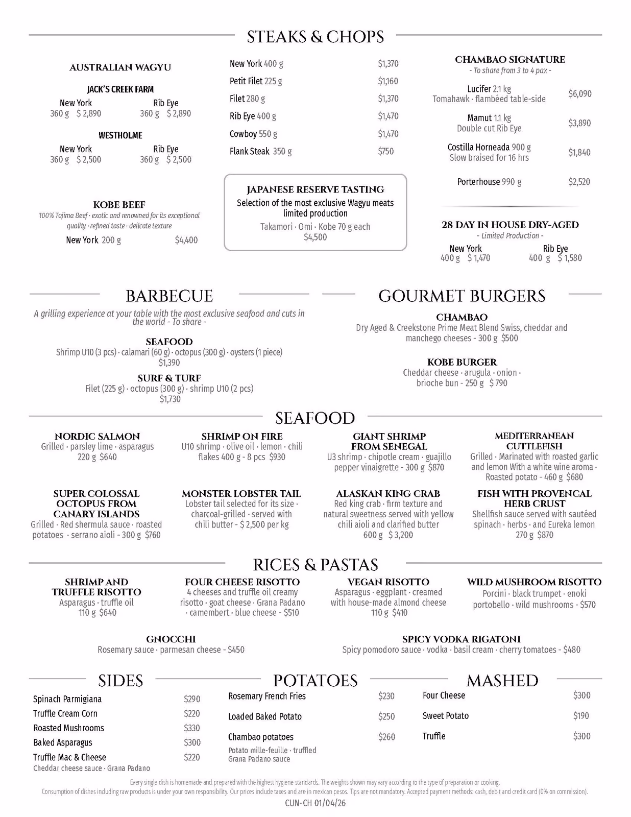 Chambao Restaurant menu lists steaks, barbecue, burgers, seafood, pasta, and sides with descriptions on a sleek layout.
