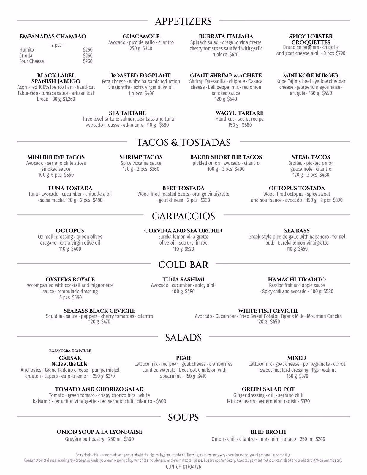 Chambao Restaurant menu with appetizers, tacos, carpaccios, salads, soups; seafood, meat vegetarian options listed.