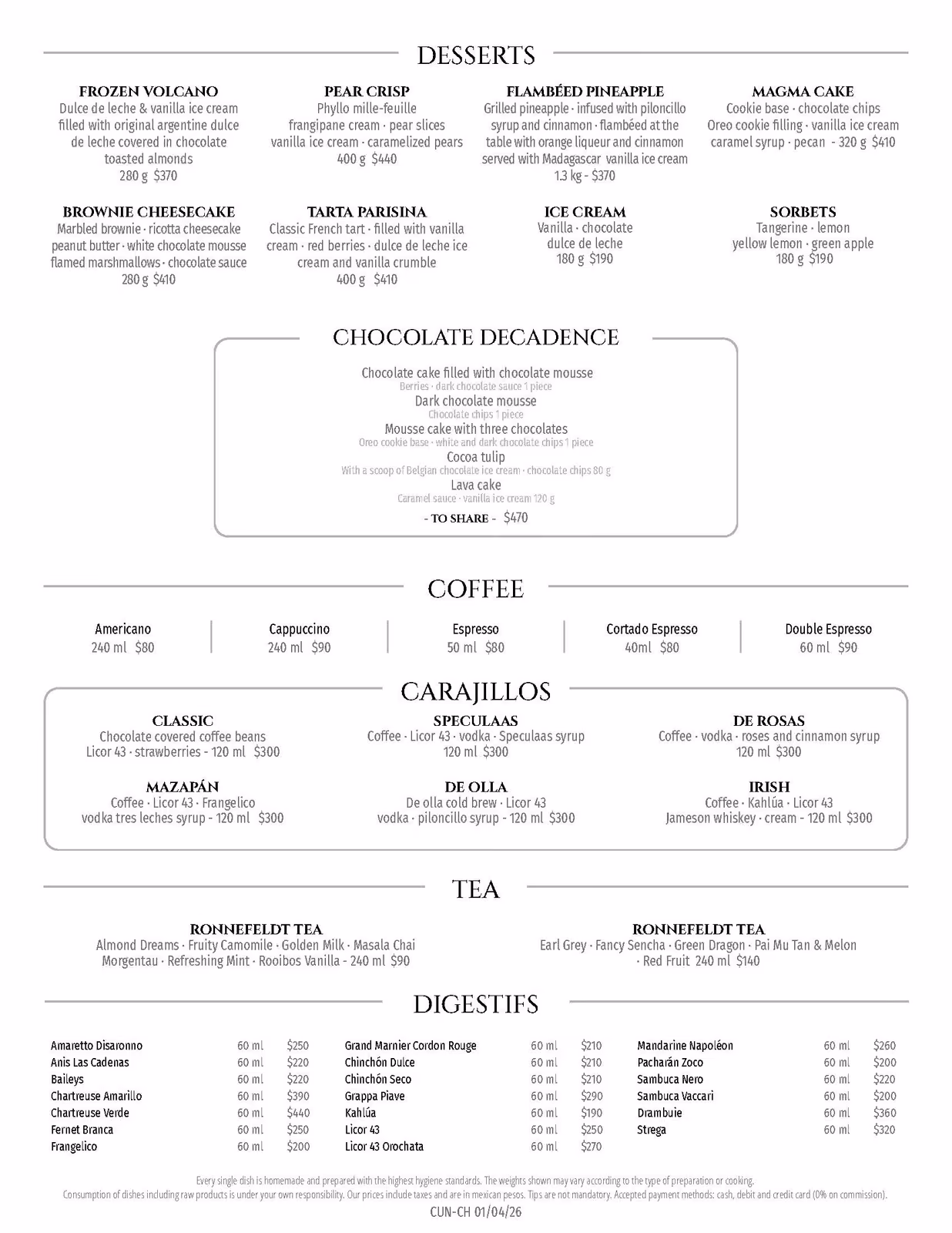 Chambao Restaurant's menu showcases desserts and drinks like molten cake, cheesecake, and coffee in a sleek black-and-white design.
