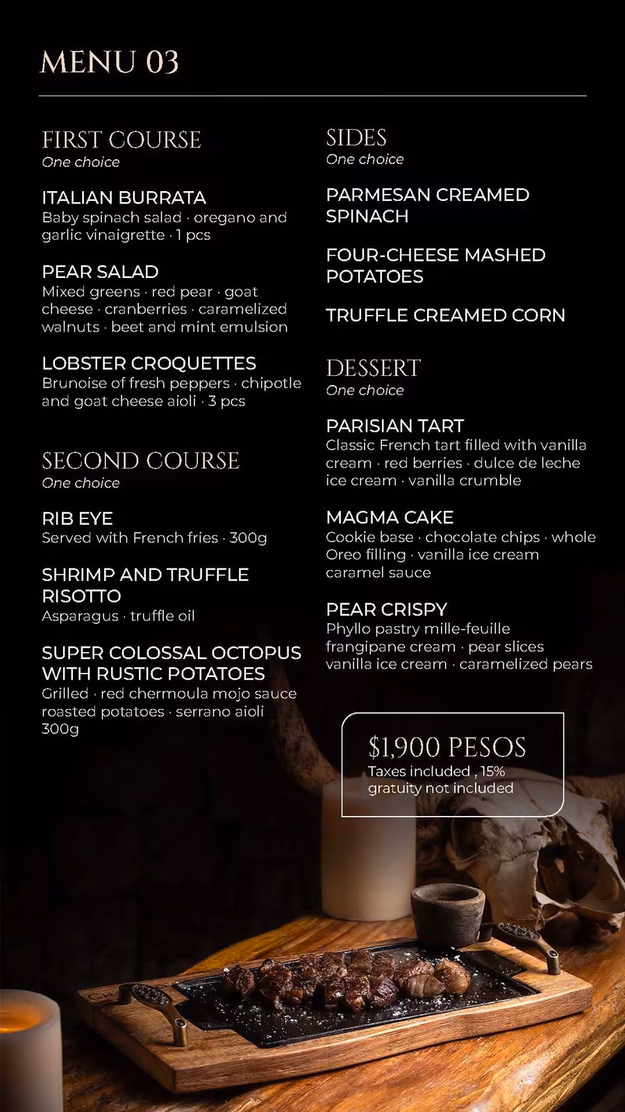 Chambao Restaurant menu highlights: Italian burrata, lobster croquettes, rib eye, shrimp risotto, tart, and wine.