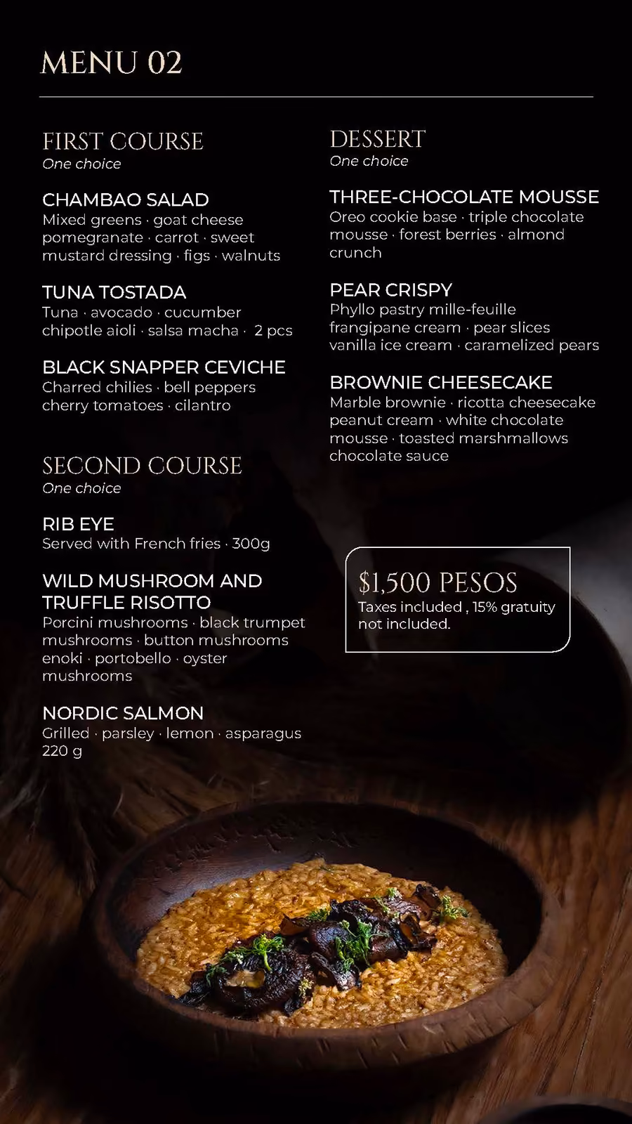 Chambao Restaurant menu on dark background shows courses and price, with salad, ribeye, salmon, risotto, mousse and desserts.