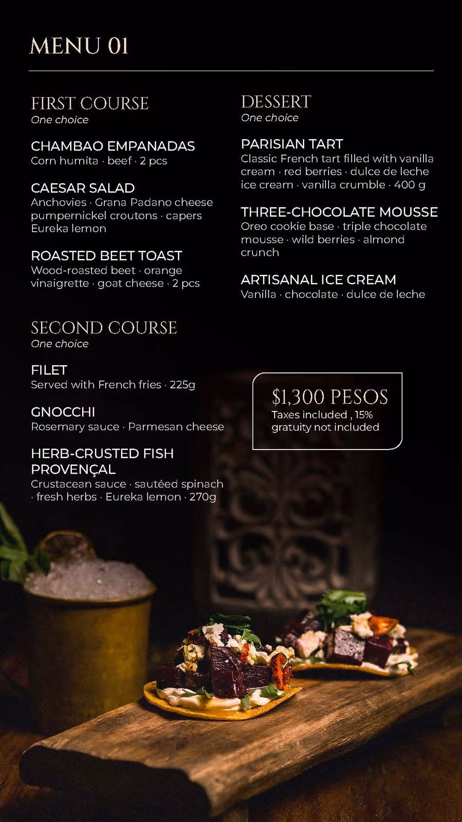 Chambao Restaurant menu on a dark background lists dishes like empanadas, gnocchi, and desserts with an image at the bottom.
