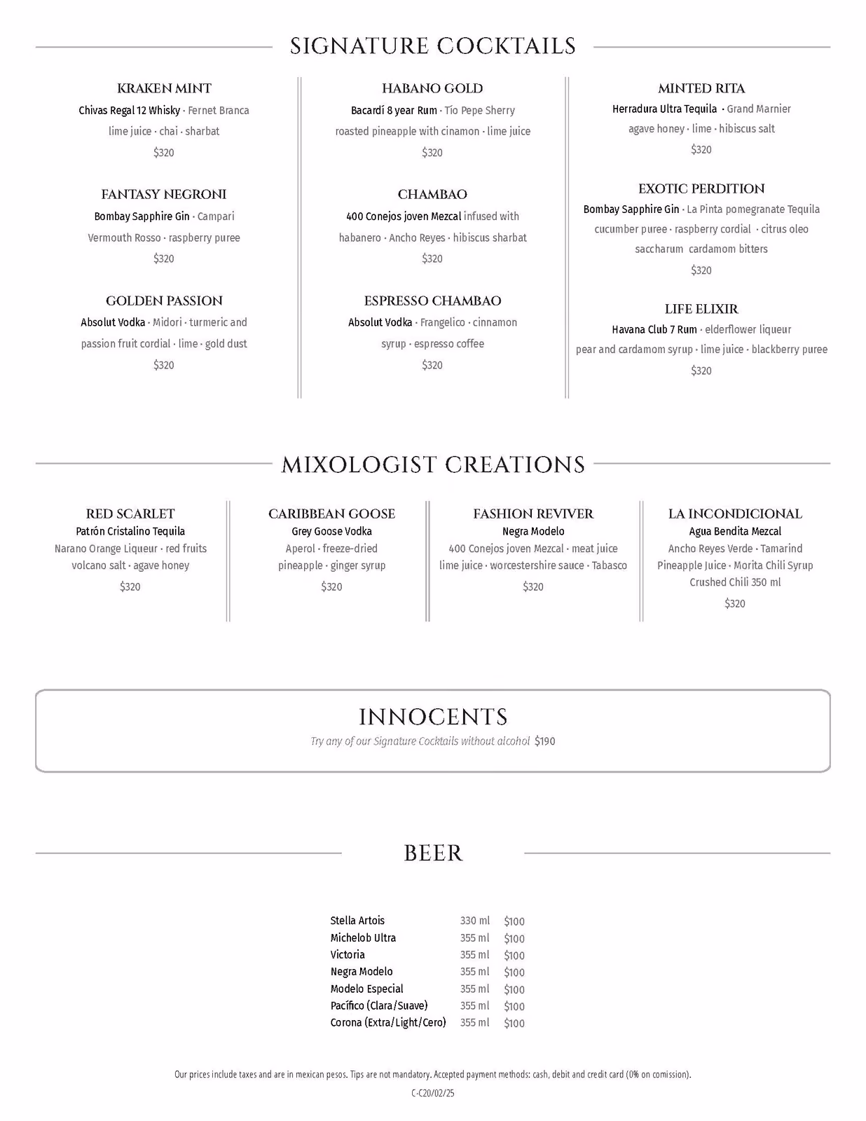 Chambao Restaurant menu with cocktails, mocktails, and beers—drink names, ingredients, and prices shown in a clear grid.