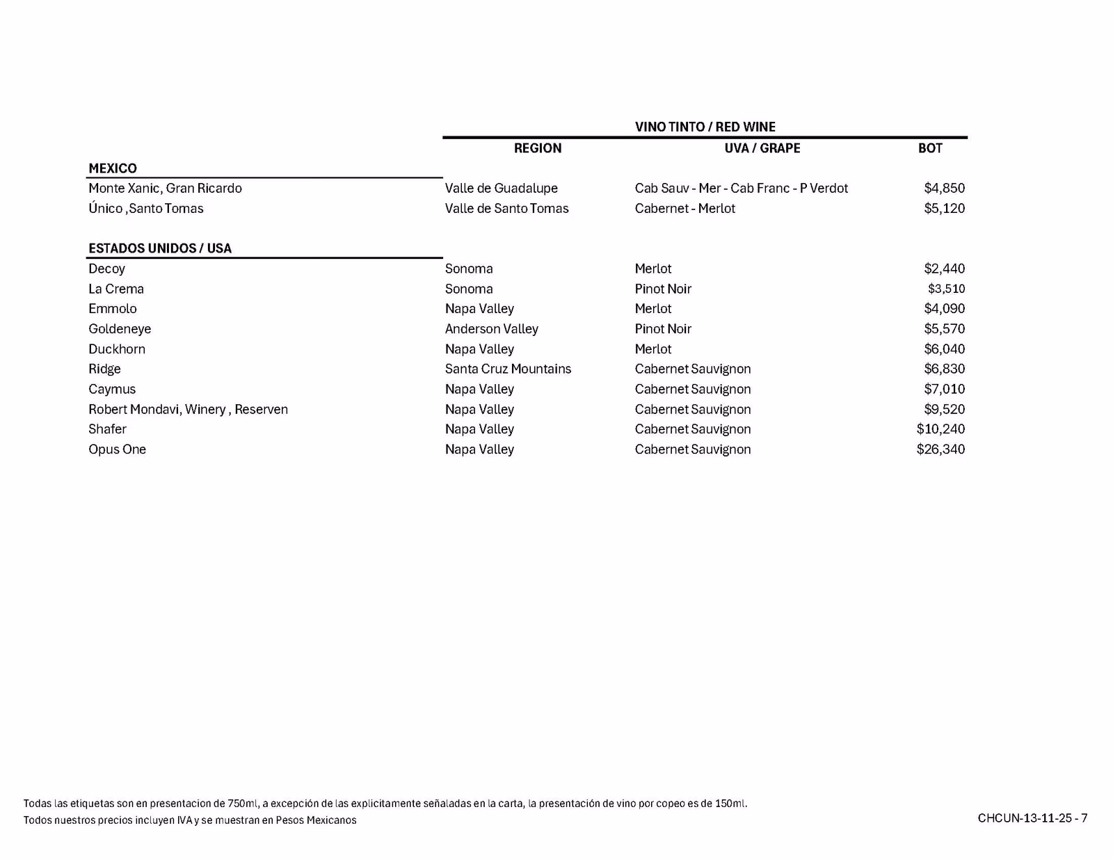 Chambao Restaurant wine list shows regions, red wines, grape varieties, and peso prices from Valle de Guadalupe and California.