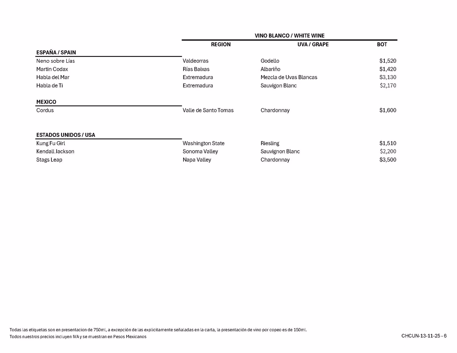 Chambao's wine menu lists white wines from Spain, Mexico, and the U.S. with regions, grapes, prices in pesos.