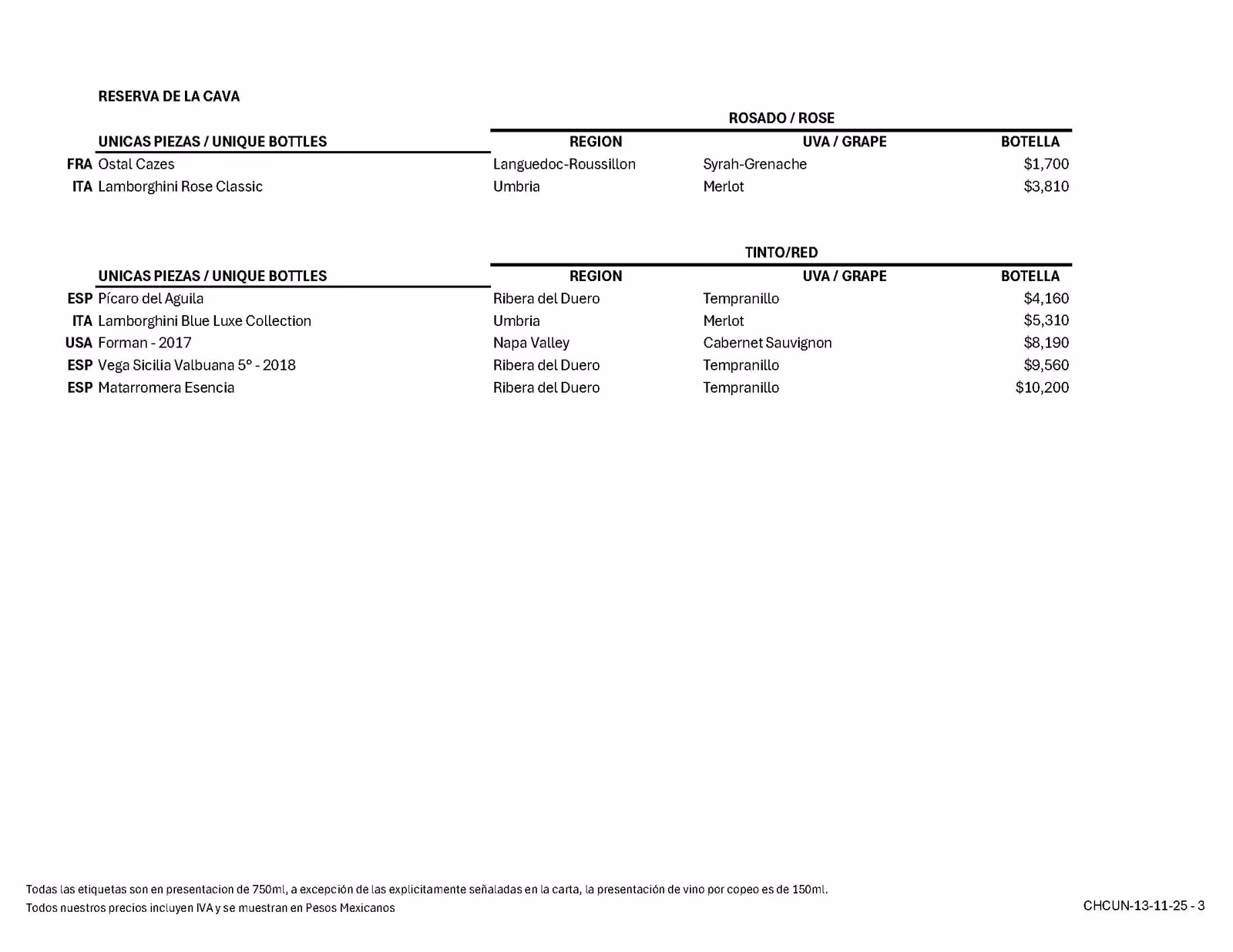 Chambao's wine menu shows rosé and red wines by region, grape, and price in pesos, organized in a table with notes.