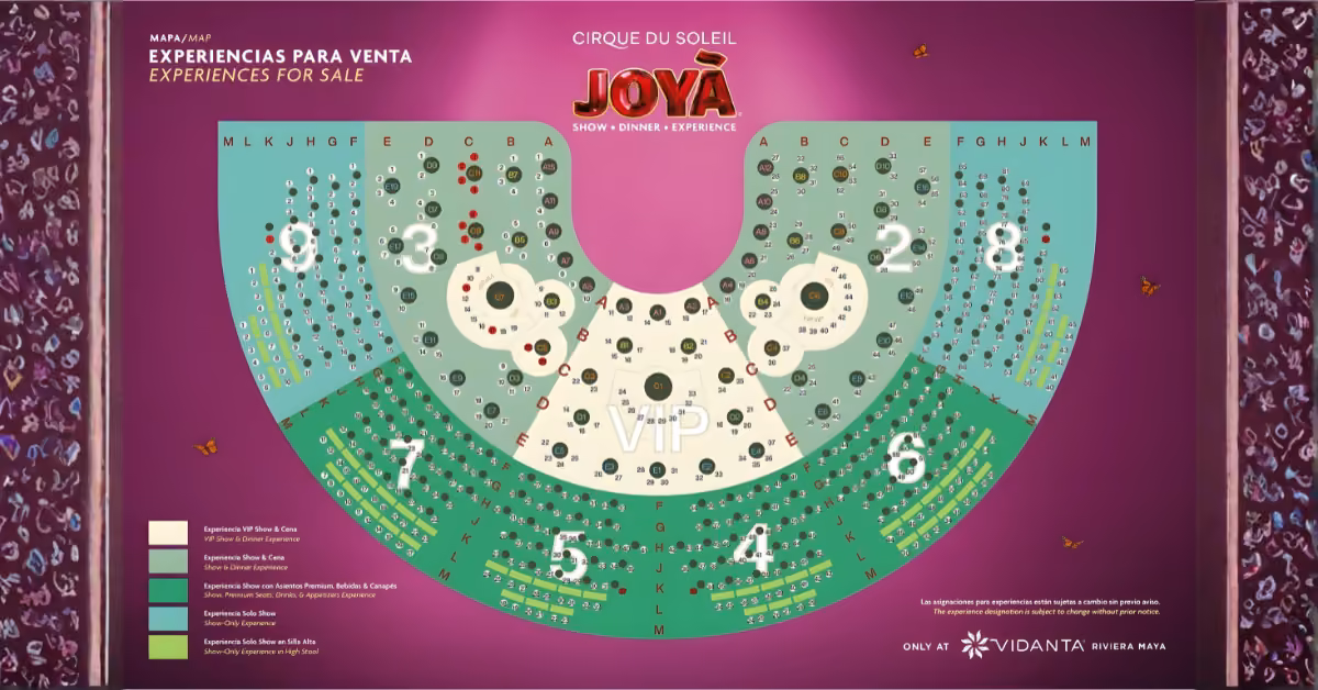 Joya seating chart at Vidanta Riviera Maya showing VIP, Premium, Regular areas, rows A–M, sections 1–7, and a color legend.