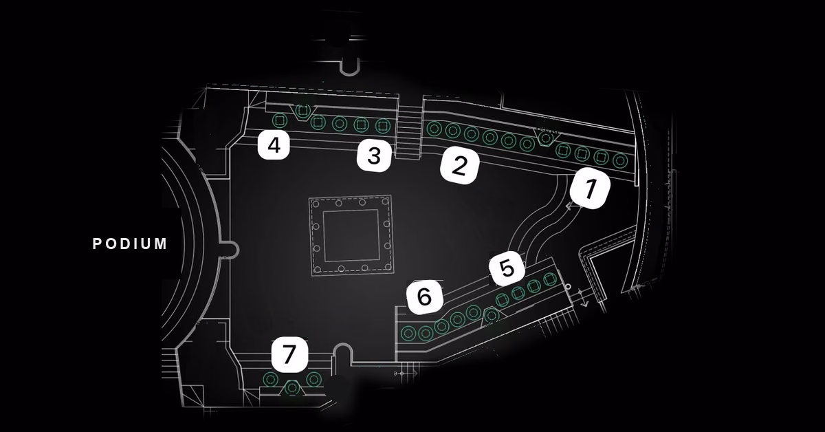 Room diagram with a podium and seven numbered seating sections around the edge; green dots mark seats on a black background.