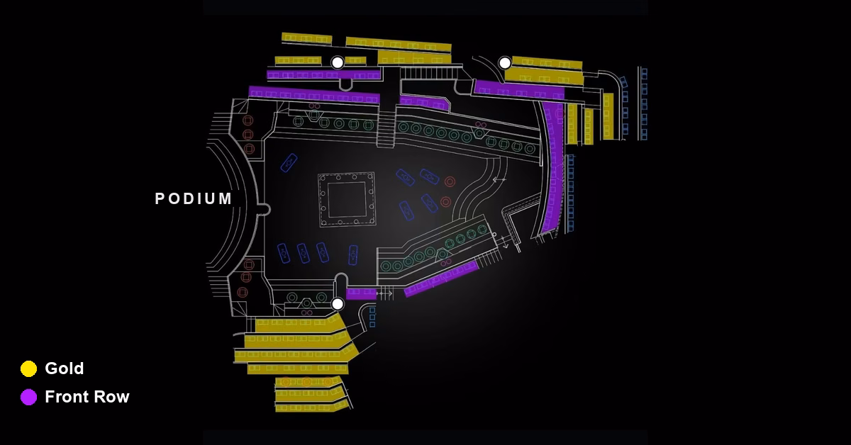Coco Bongo Night Club seating chart with color-coded sections and the stage at the top, seats arranged around it.