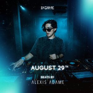 DJ in sunglasses performs at D’Cave Cancun amid blue lights and smoke. Text: DCAVE, August 29th, Beats by Alexis Adame.