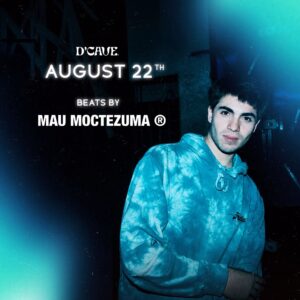 A young man in a blue tie-dye hoodie stands in dim light, surrounded by blue and teal effects. Text: D’Cave Cancun Aug 22th.