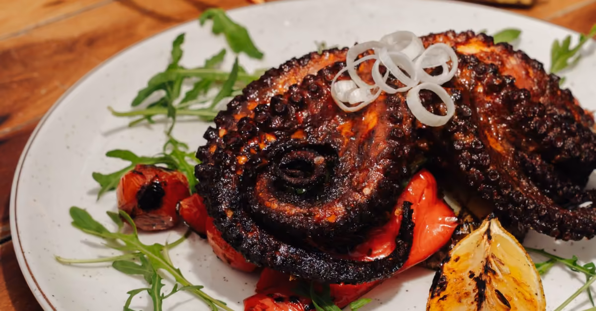 Grilled octopus with roasted tomatoes, arugula, lemon wedges, and onions on a white plate, served at Fred’s Restaurant.
