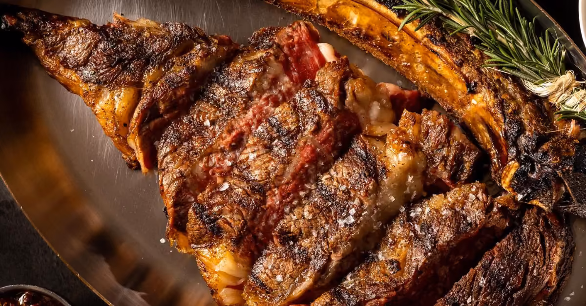 Sliced tomahawk steak with charred crust and marbling, served on a metal platter at Harry’s with a rosemary sprig.