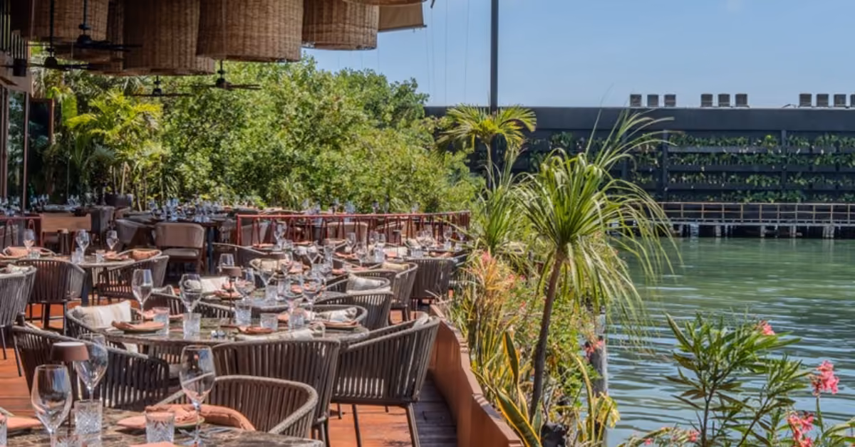 Restaurant terrace with neatly set tables and chairs overlooking calm water, surrounded by lush greenery under a clear sky.