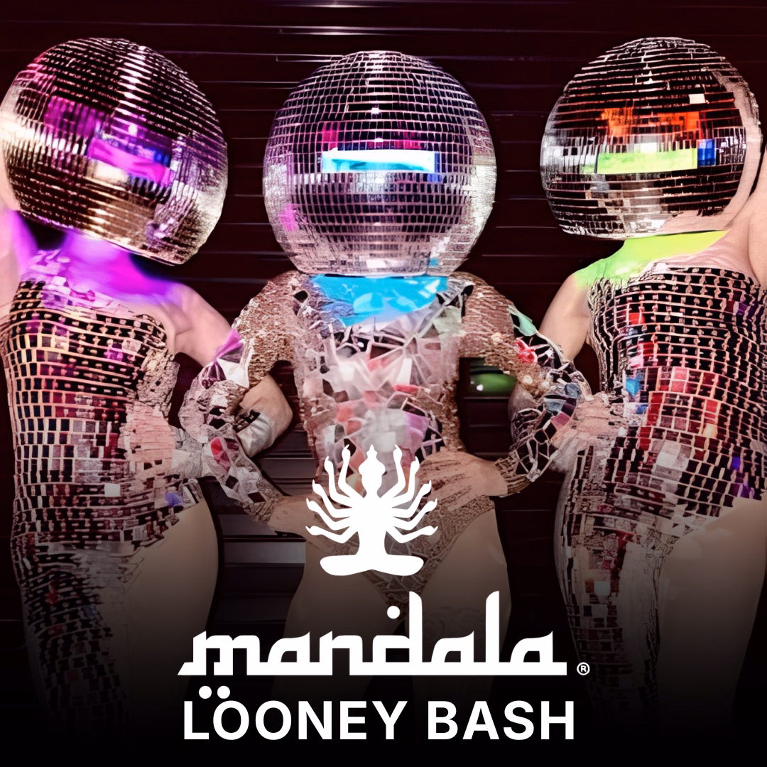 Three people in disco ball helmets and shiny outfits pose against a dark background. Text reads: mandala LĆONEY BASH with a white logo.