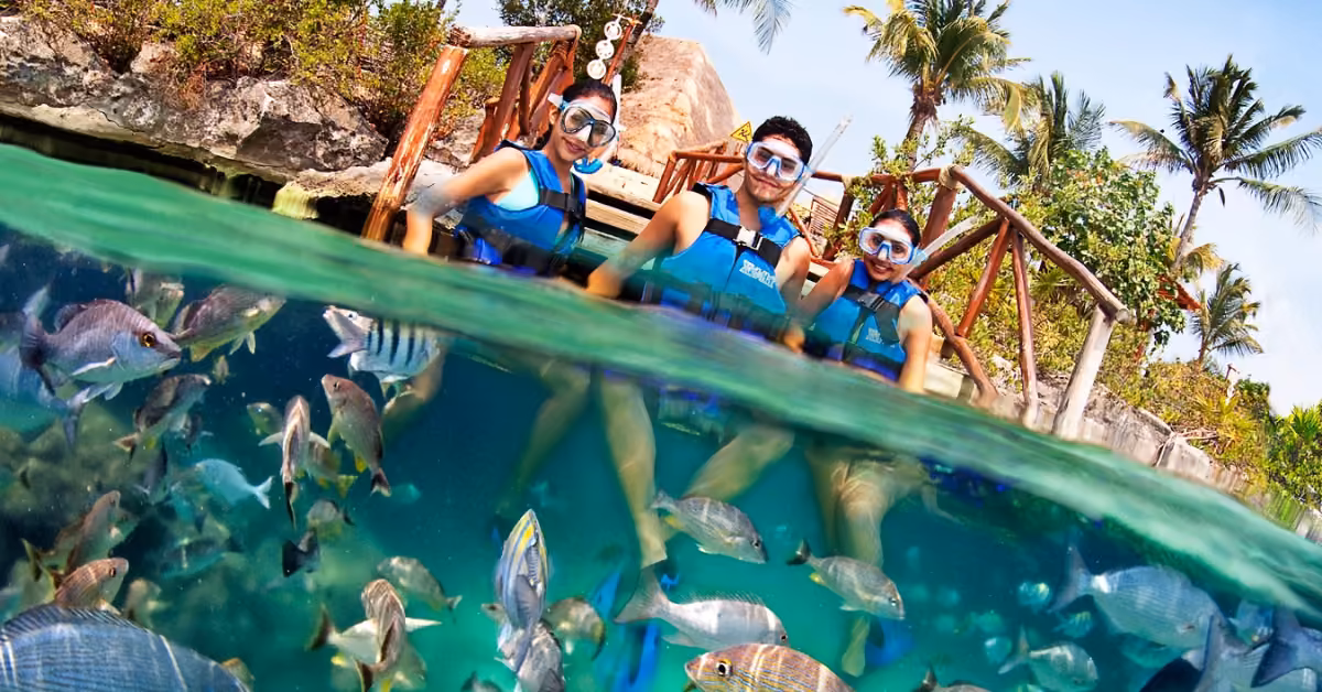 Three people in snorkel masks and life vests stand in clear water at Xel-Ha, surrounded by fish, greenery, and palm trees.