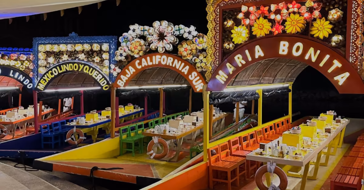 Colorful trajineras with festive lights and name arches, set for dining, are lined up by the water at night.